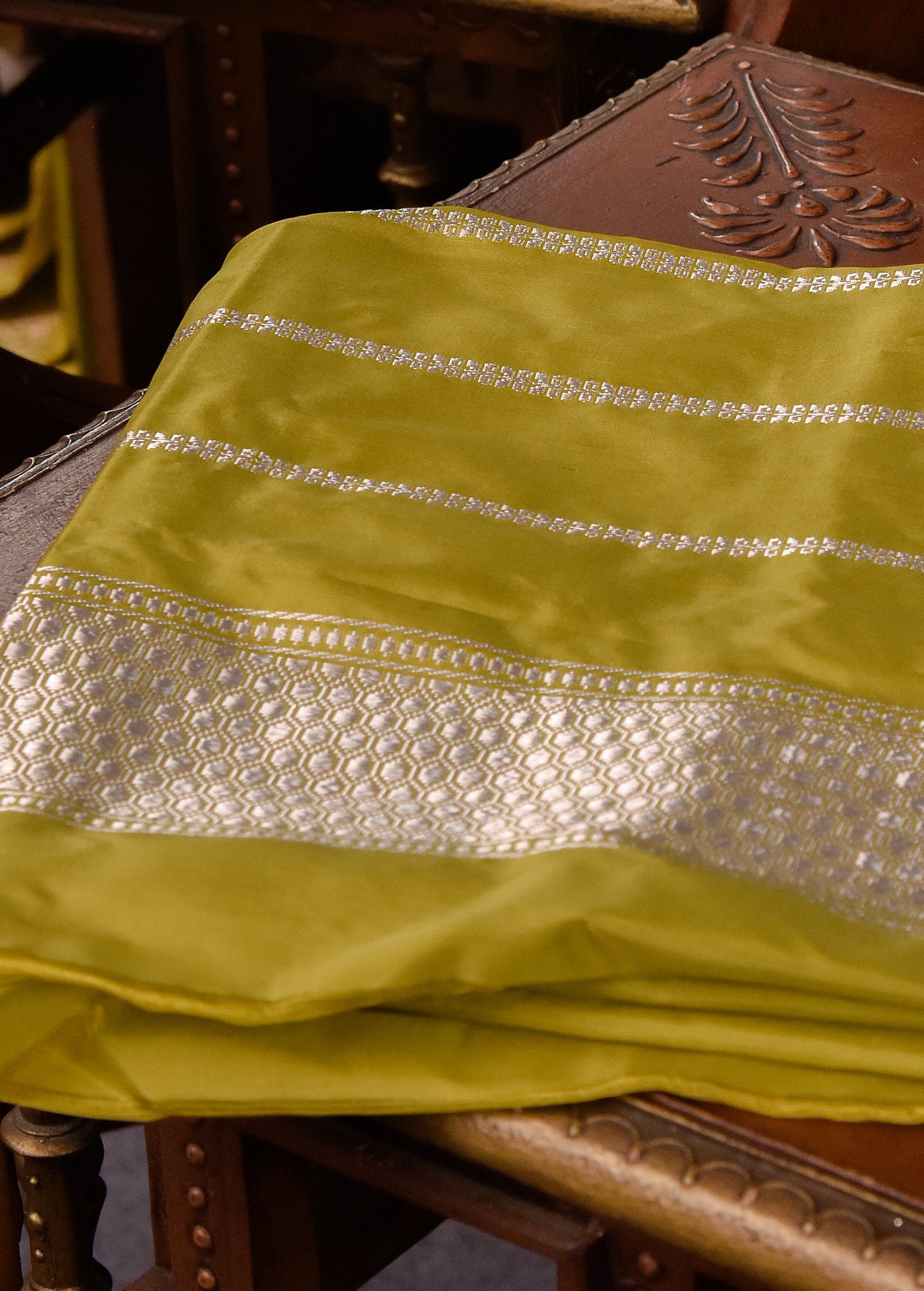 Lime yellow Pure Silk Katan Banarasi Saree