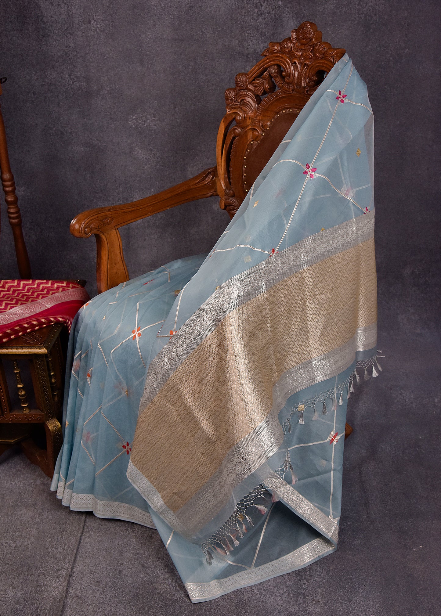 Powder Blue Pure Silk Kora Banarasi Saree