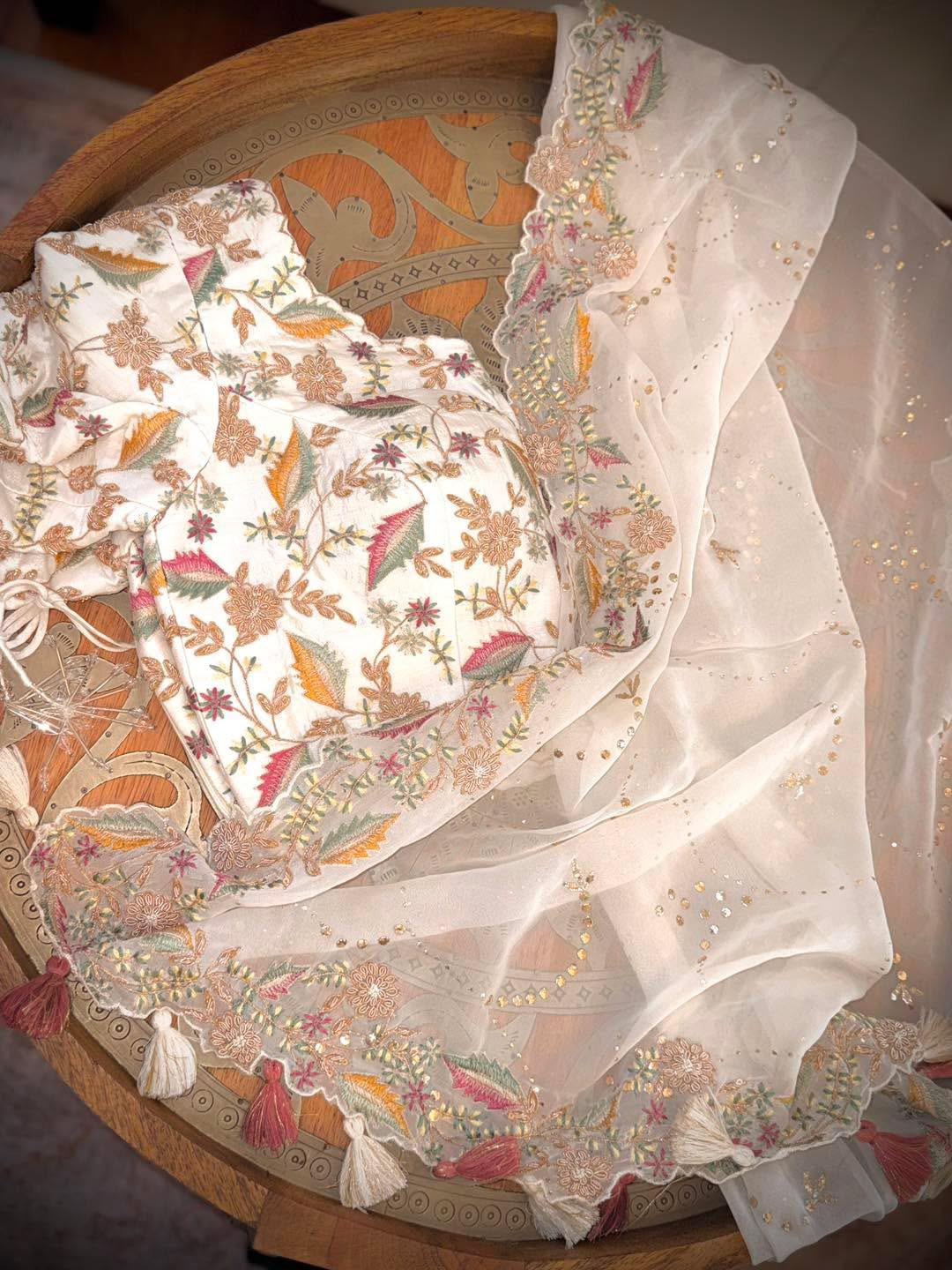 Peach Handmade Embroidered Saree