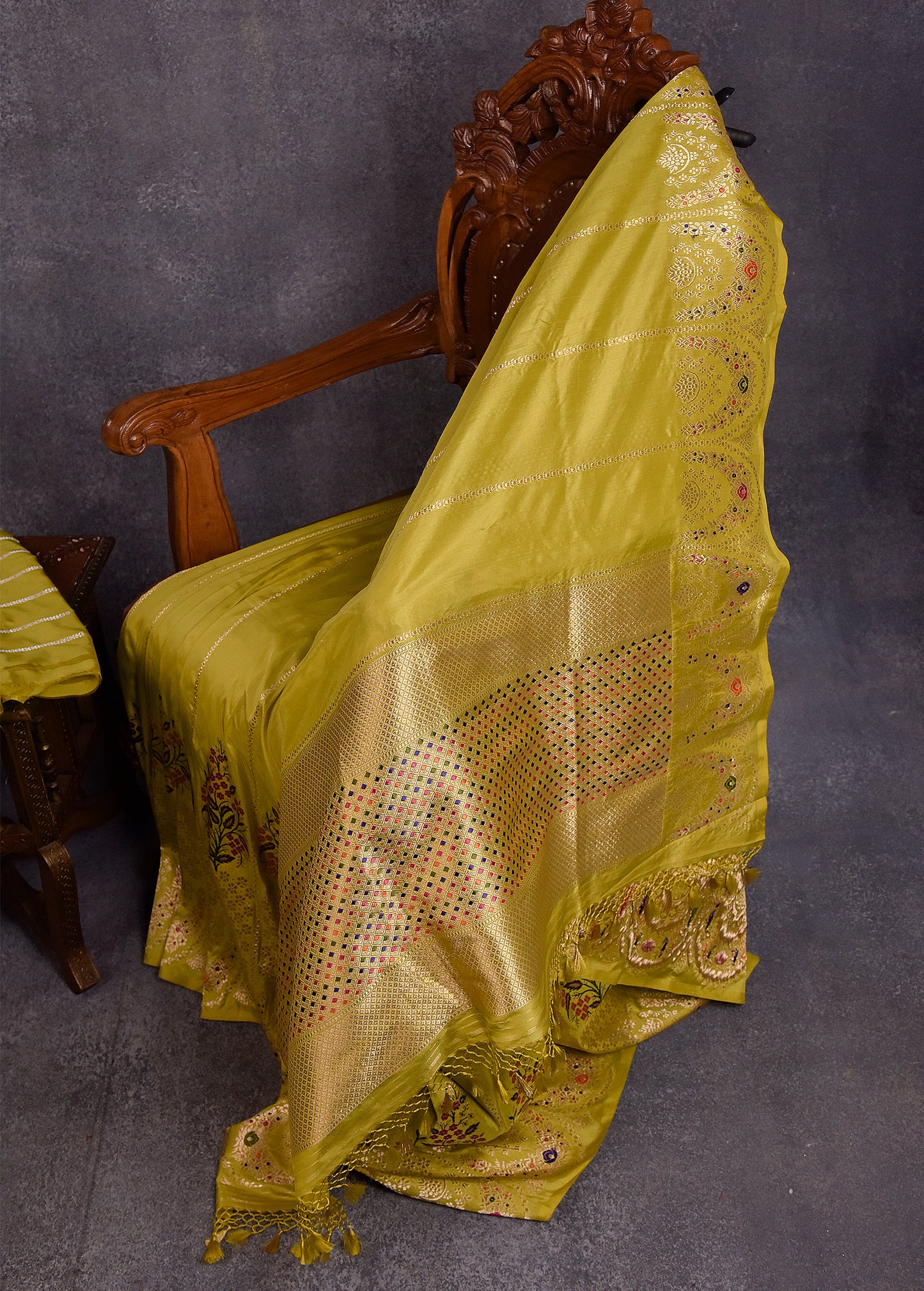 Lime yellow Pure Silk Katan Banarasi Saree