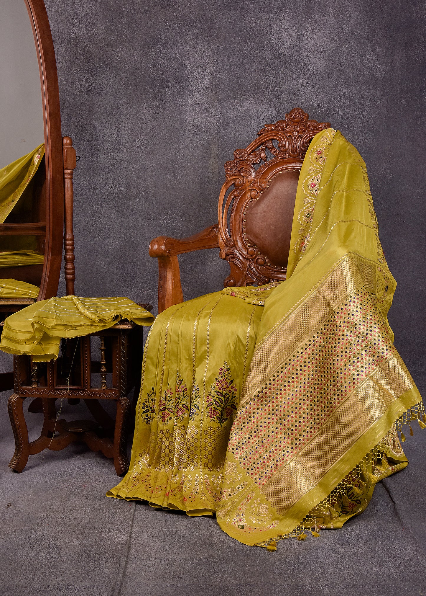 Lime yellow Pure Silk Katan Banarasi Saree