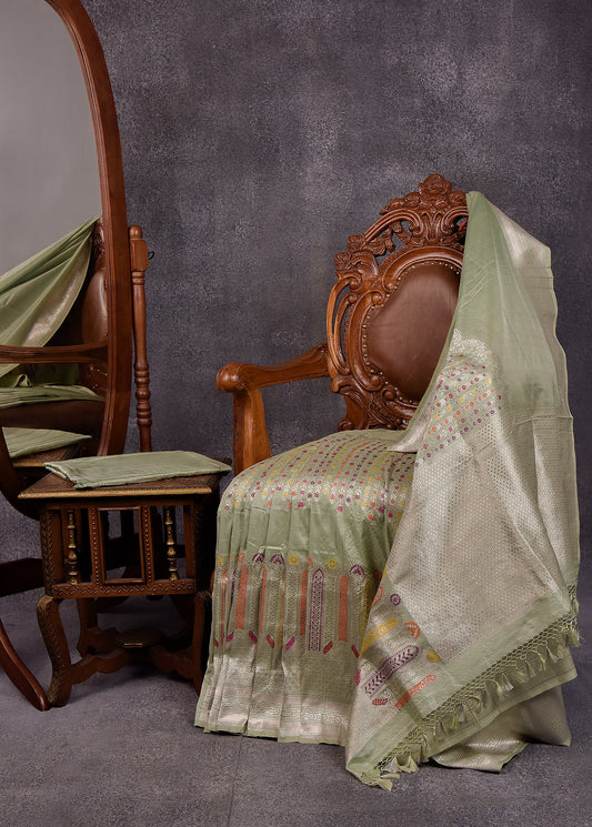 Pastel mint Pure Silk Katan Banarasi Saree