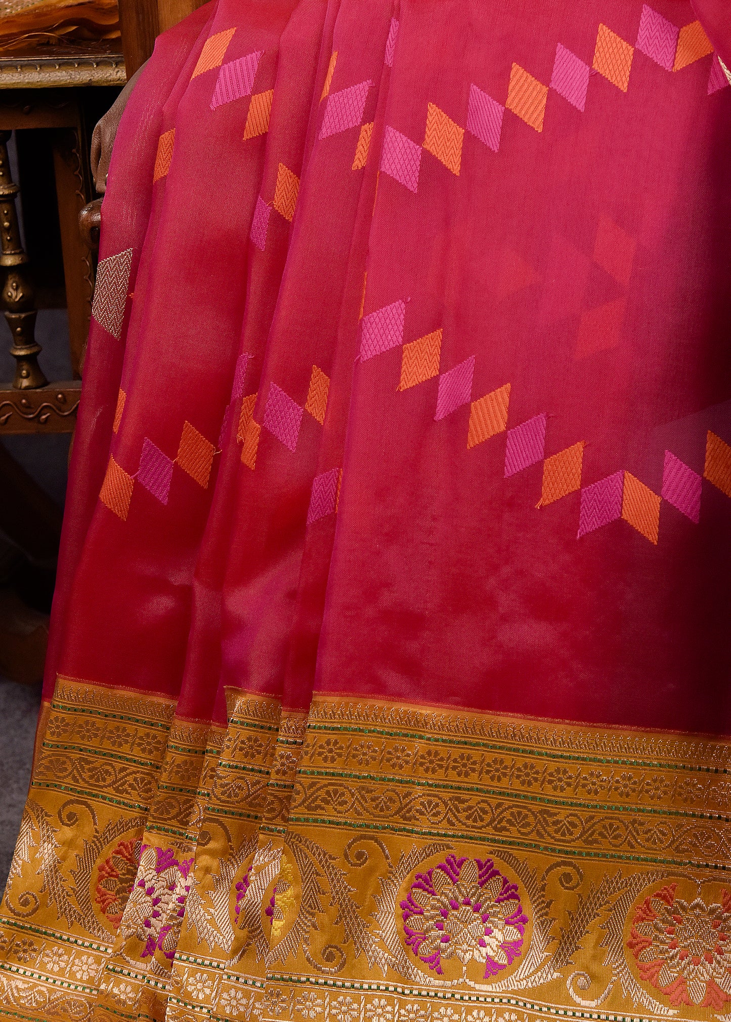 Electric Pink Pure Silk Kora Banarasi Saree