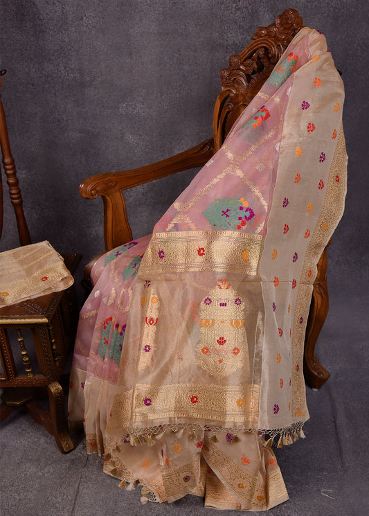 Blush Pink Pure Silk Kora Banarasi Saree