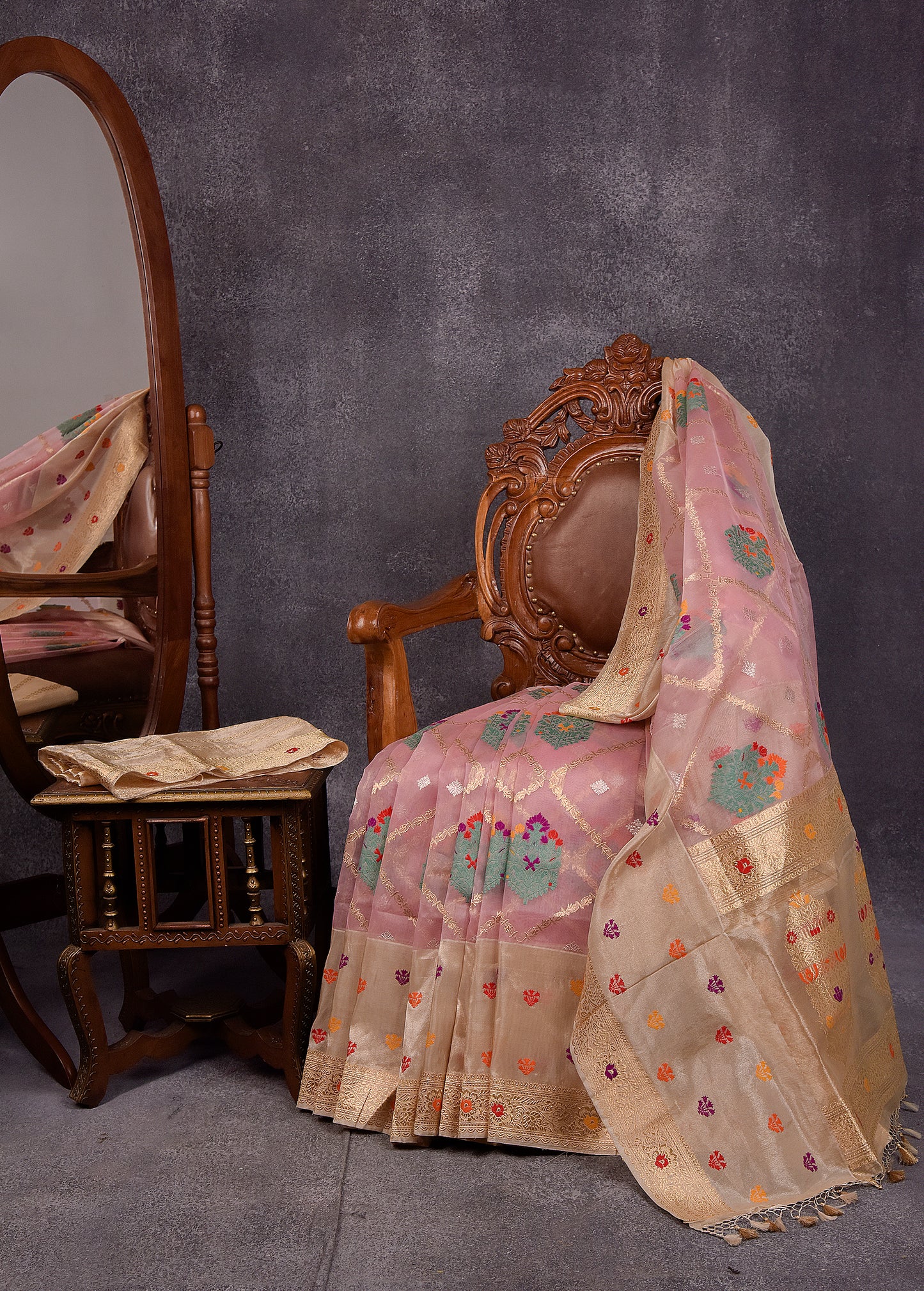 Blush Pink Pure Silk Kora Banarasi Saree