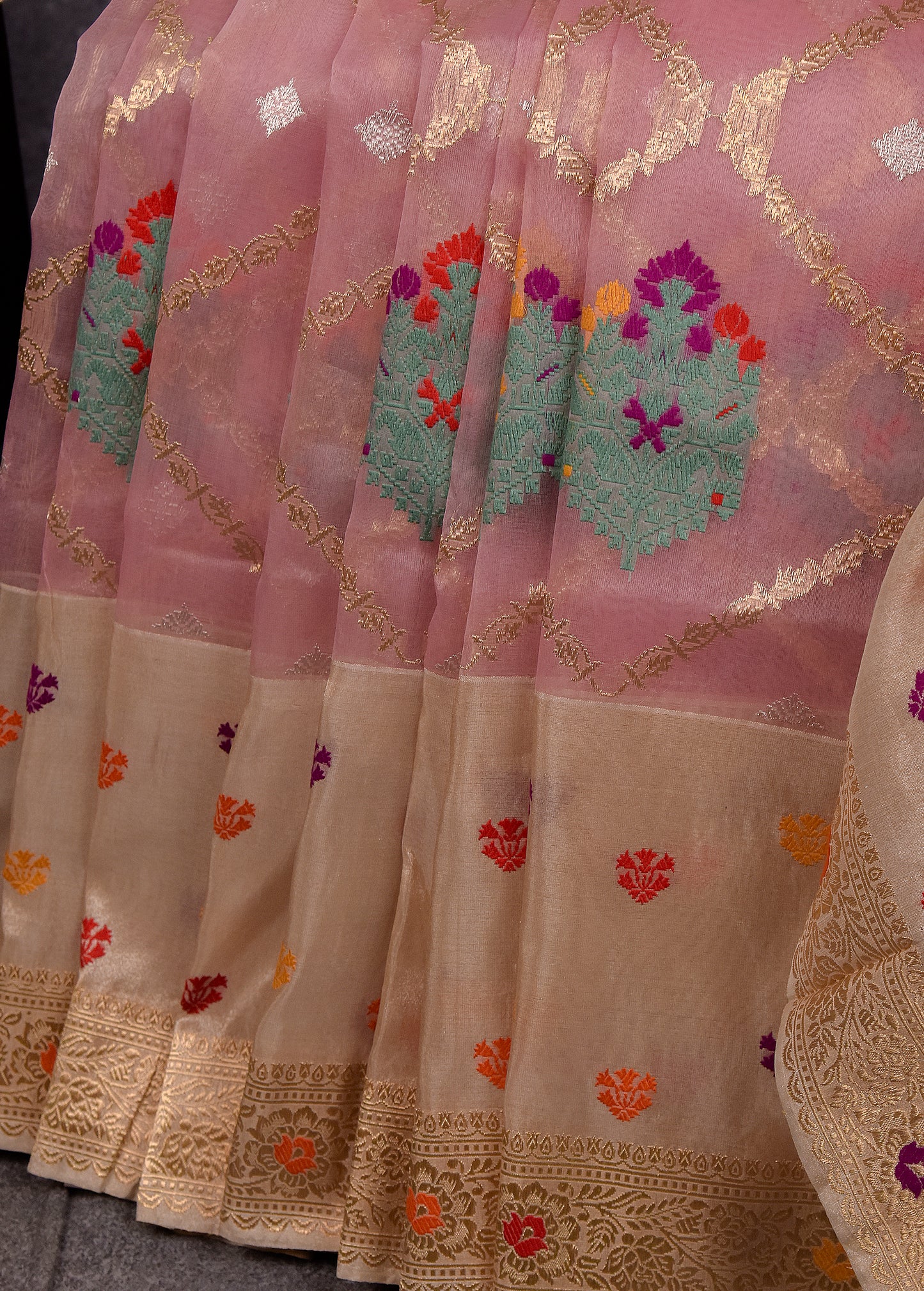 Blush Pink Pure Silk Kora Banarasi Saree
