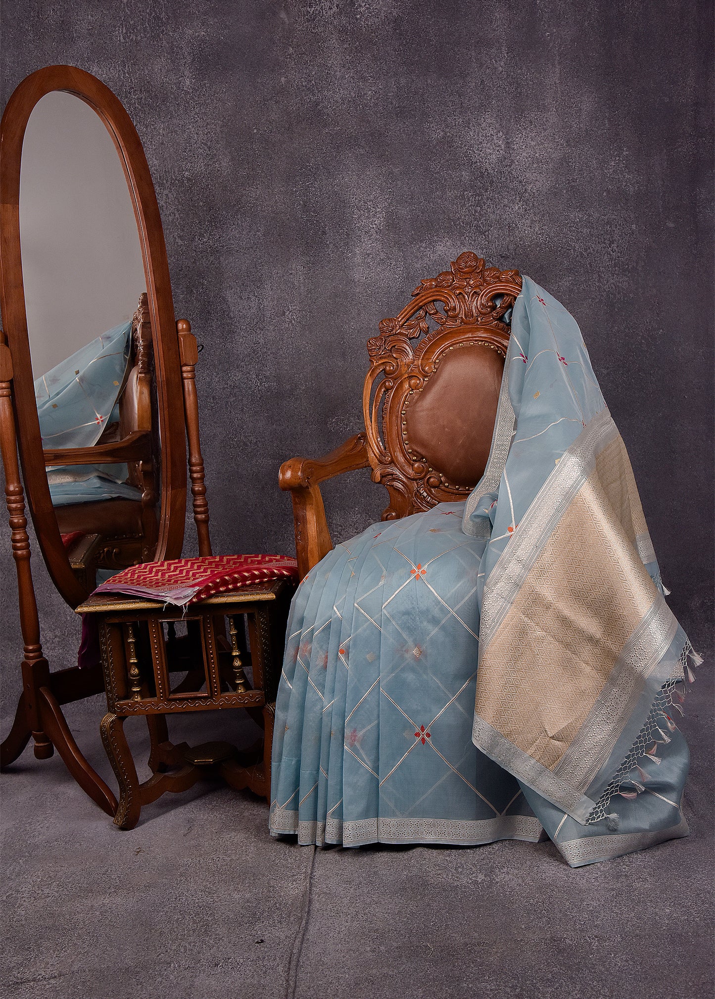 Powder Blue Pure Silk Kora Banarasi Saree
