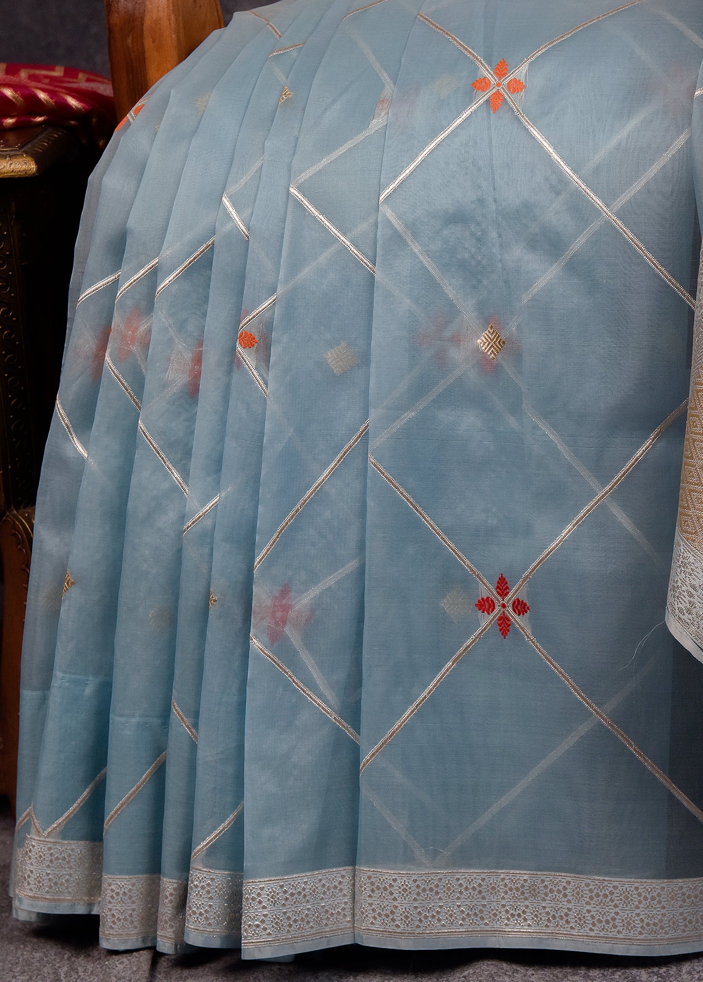 Powder Blue Pure Silk Kora Banarasi Saree