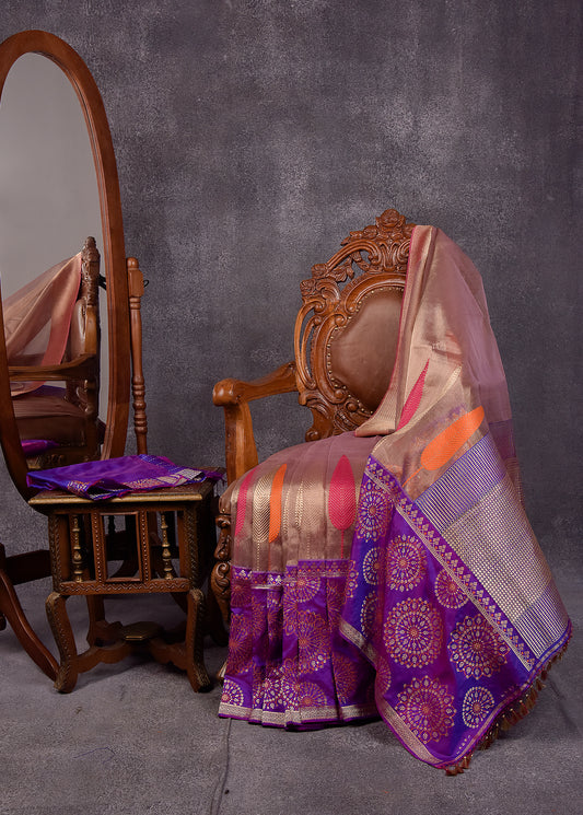 Bronze Auburn with Purple Pure Silk Kora Banarasi Saree