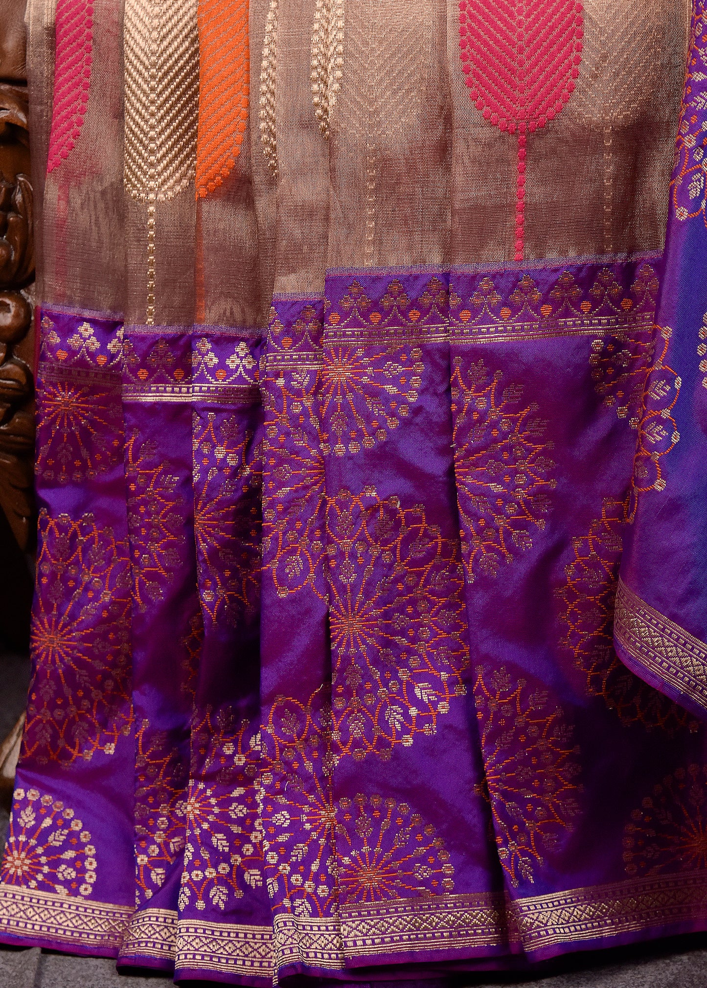 Bronze Auburn with Purple Pure Silk Kora Banarasi Saree