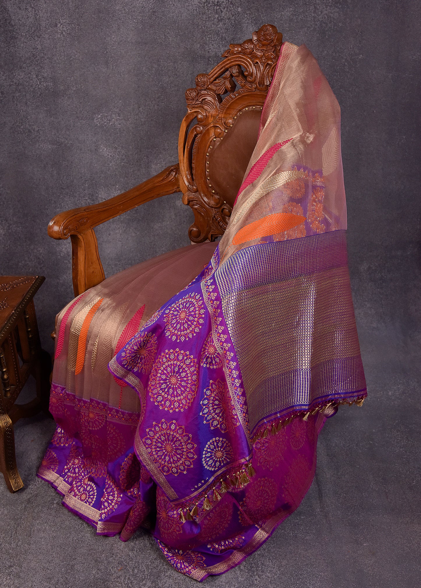 Bronze Auburn with Purple Pure Silk Kora Banarasi Saree