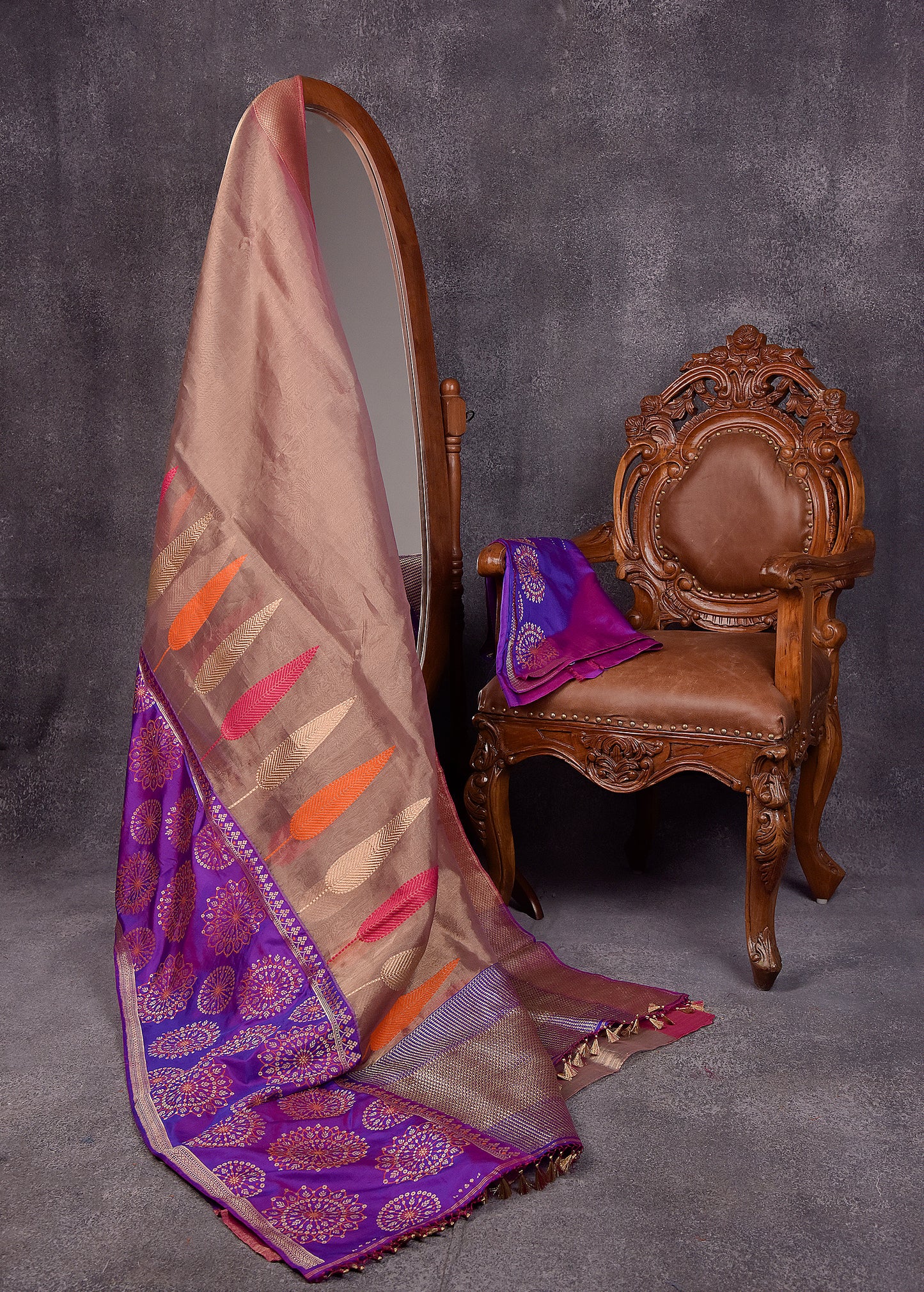 Bronze Auburn with Purple Pure Silk Kora Banarasi Saree