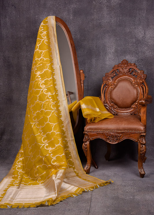 Canary yellow Pure Silk Kora Banarasi Saree