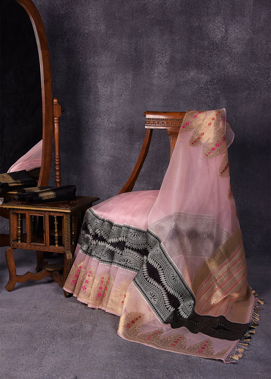 Baby Pink with Black Pure Silk Kora Banarasi Saree