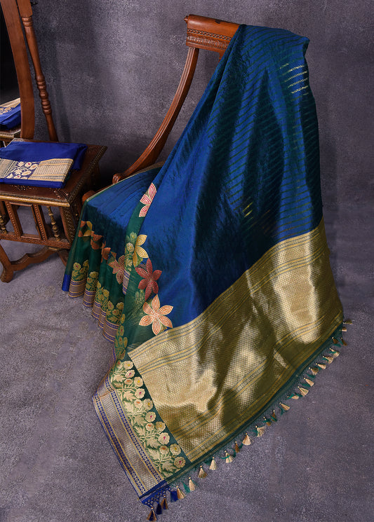 Peacock Blue Green Pure Silk Kora Banarasi Saree