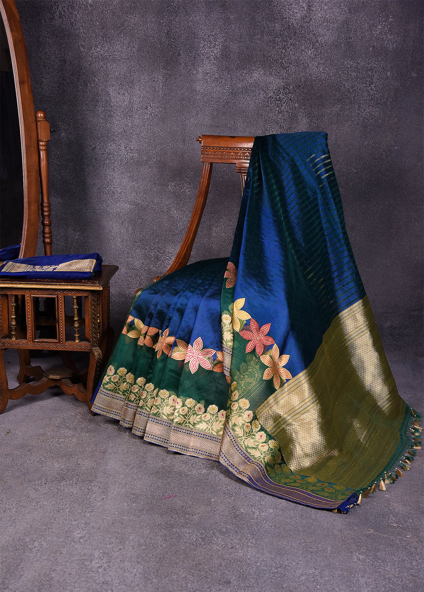 Peacock Blue Green Pure Silk Kora Banarasi Saree