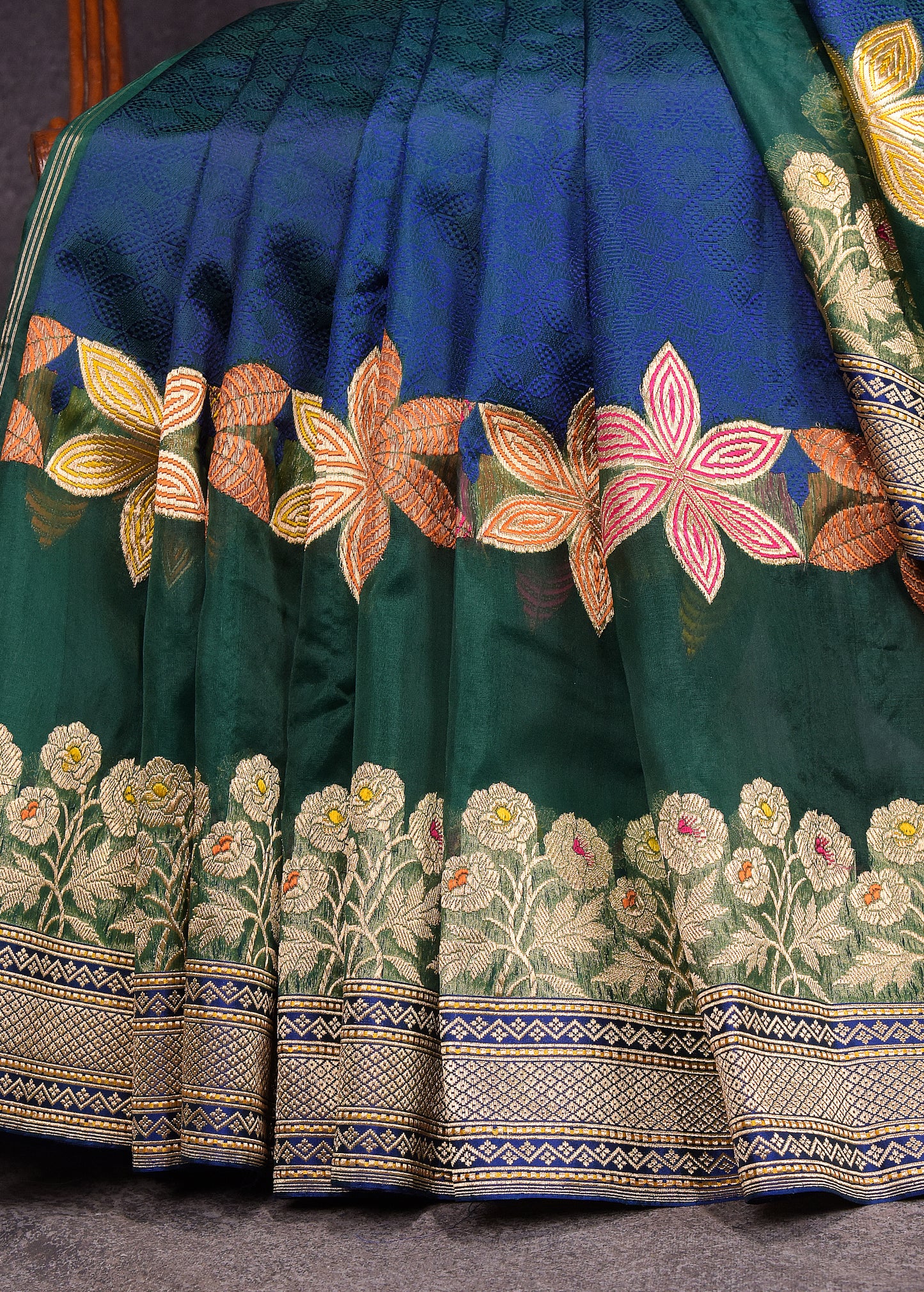 Peacock Blue Green Pure Silk Kora Banarasi Saree