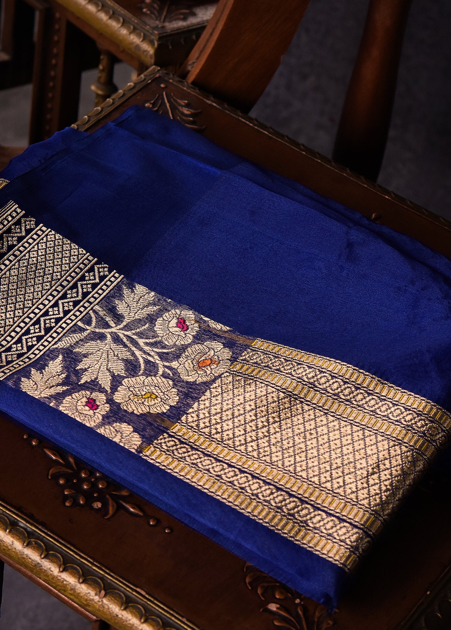 Peacock Blue Green Pure Silk Kora Banarasi Saree