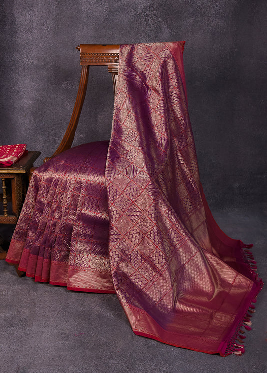 Purple with red Pure Silk Katan Banarasi Saree