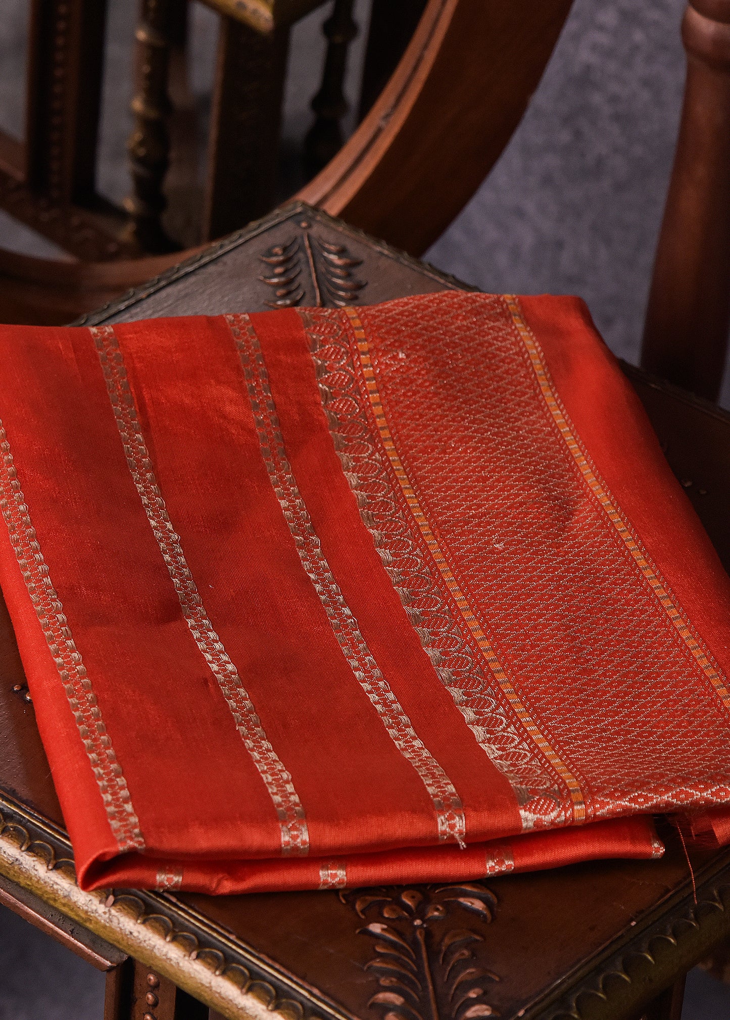 Deep Red with Orange Pure Silk Kora Banarasi Saree