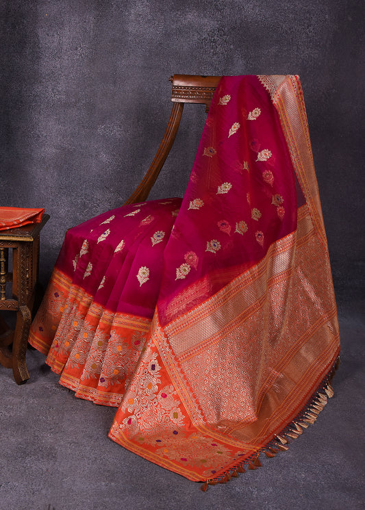 Deep Red with Orange Pure Silk Kora Banarasi Saree