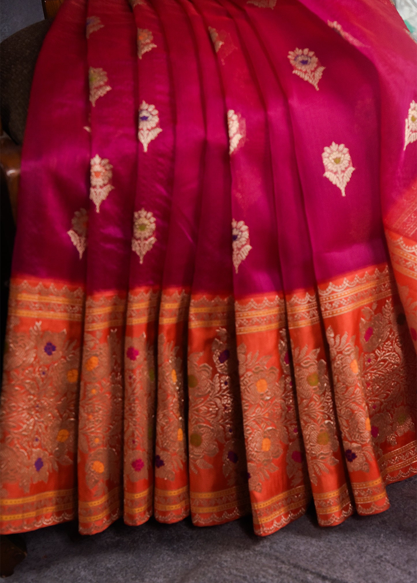 Deep Red with Orange Pure Silk Kora Banarasi Saree