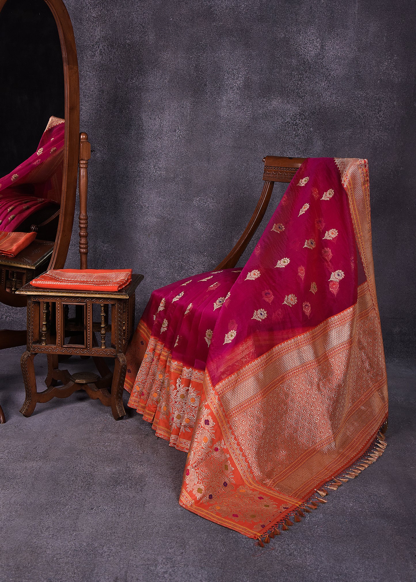 Deep Red with Orange Pure Silk Kora Banarasi Saree