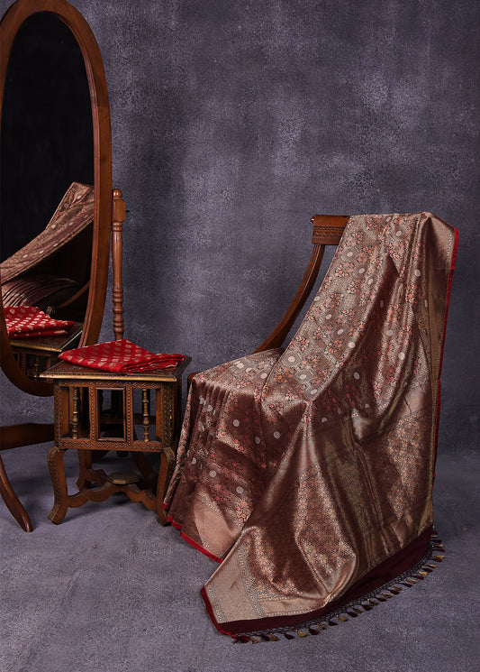 Deep Taupe Pure Silk Katan Banarasi Saree