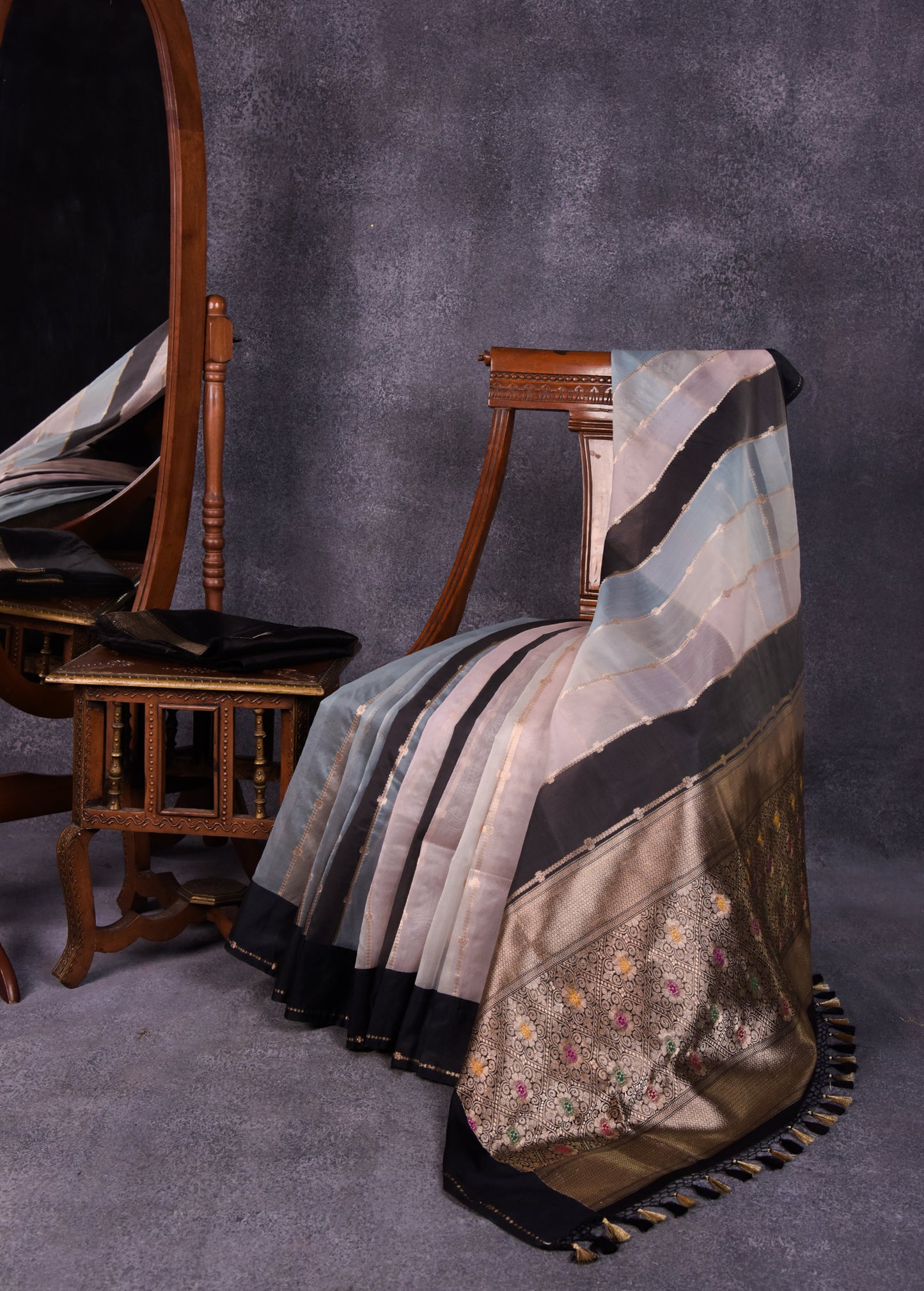 Pastel Blue Pink Shades with Black Pure Silk Kora Banarasi Saree