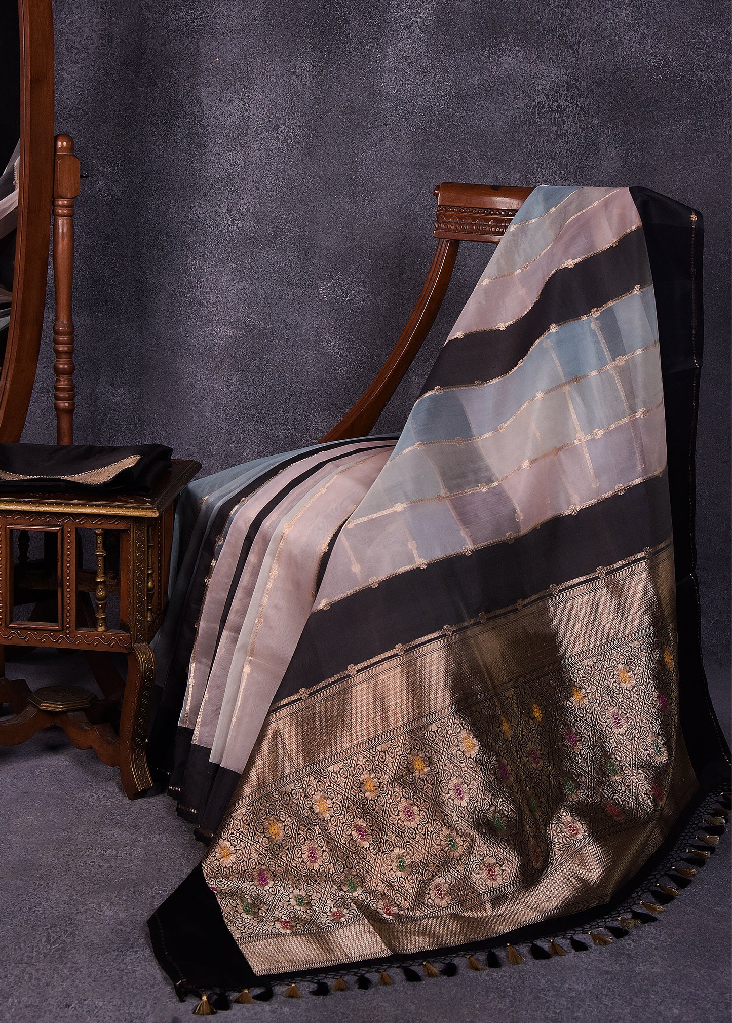 Pastel Blue Pink Shades with Black Pure Silk Kora Banarasi Saree