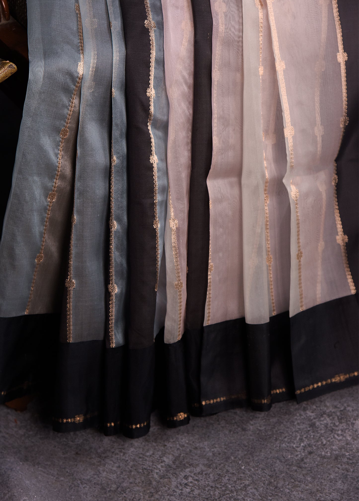 Pastel Blue Pink Shades with Black Pure Silk Kora Banarasi Saree
