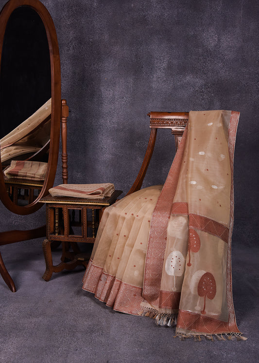 Golden Beige with Earthy Brown Pure Silk Kora Banarasi Saree