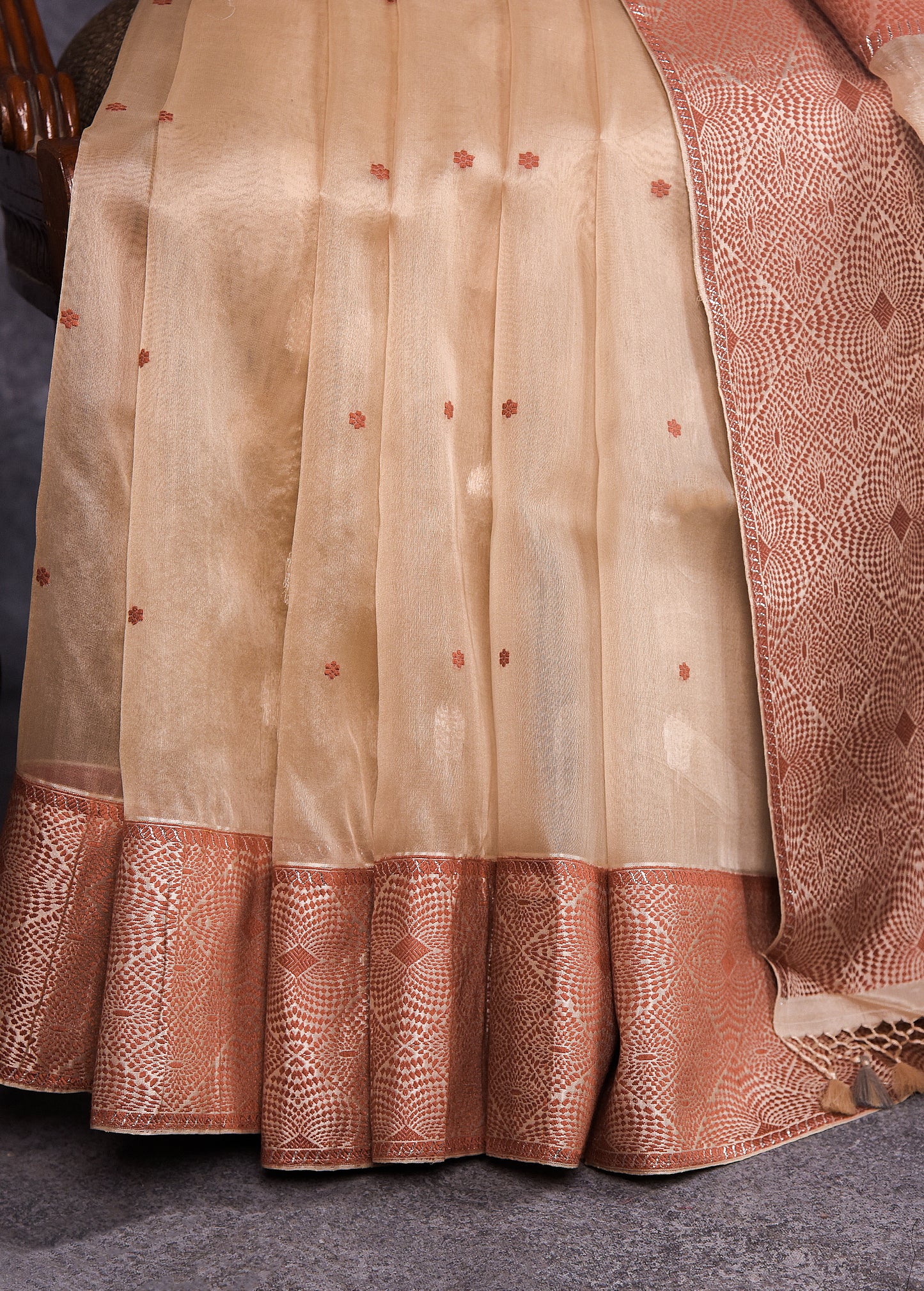 Golden Beige with Earthy Brown Pure Silk Kora Banarasi Saree