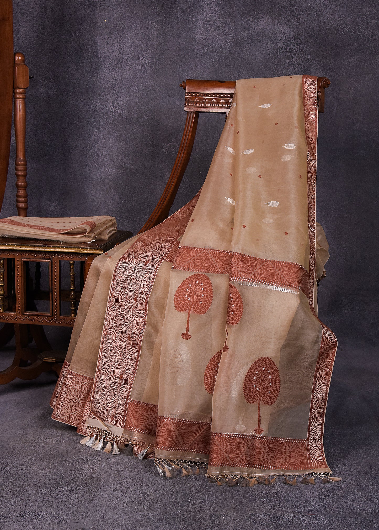 Golden Beige with Earthy Brown Pure Silk Kora Banarasi Saree