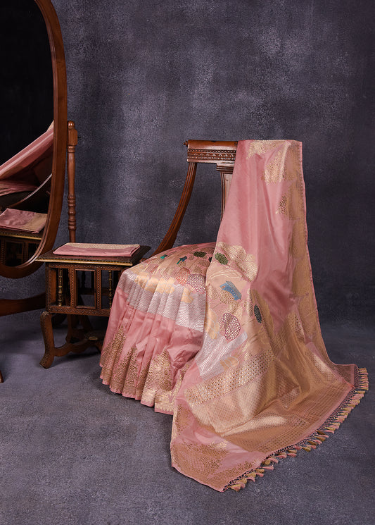 Peach Pink Pure Silk Katan Banarasi Saree