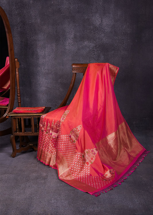 Peach Pink Pure Silk Katan Banarasi Saree