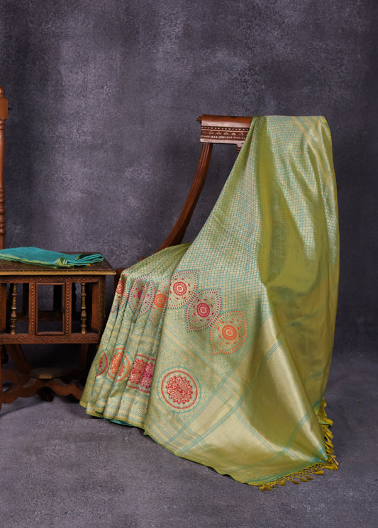 Lime with Turquoise Pure Silk Katan Banarasi Saree