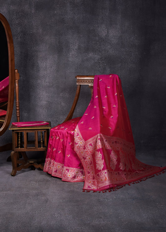 Rani Pink Pure Silk Katan Banarasi Saree