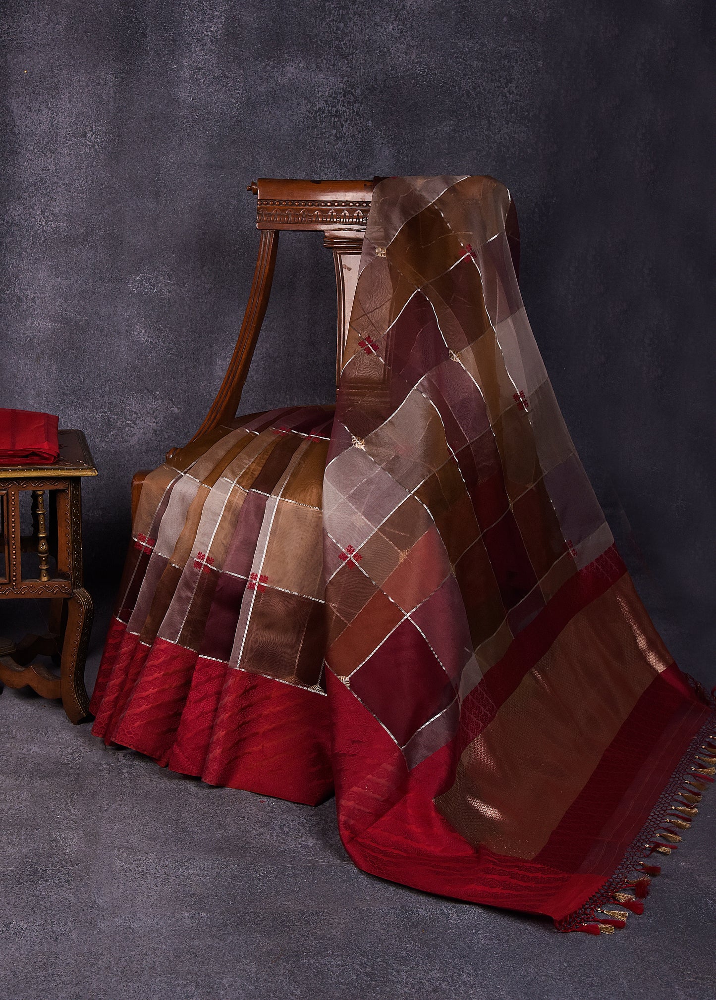 Shades of Taupe with Deep Red Pure Silk Kora Banarasi Saree