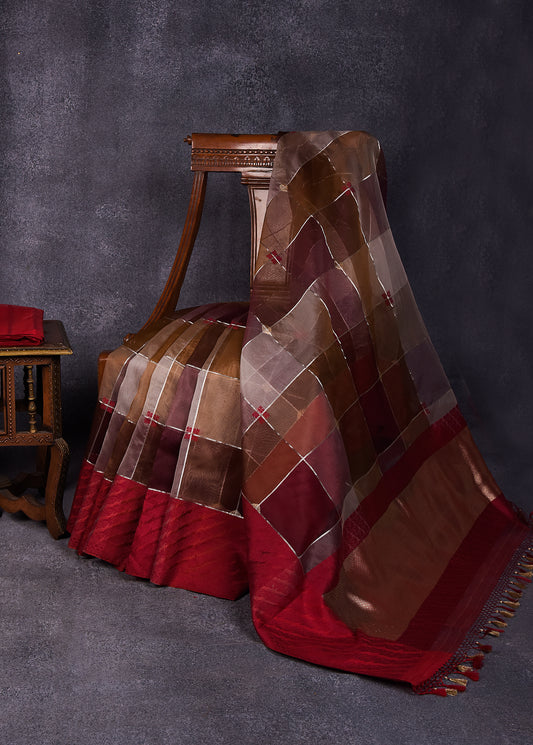 Shades of Taupe with Deep Red Pure Silk Kora Banarasi Saree