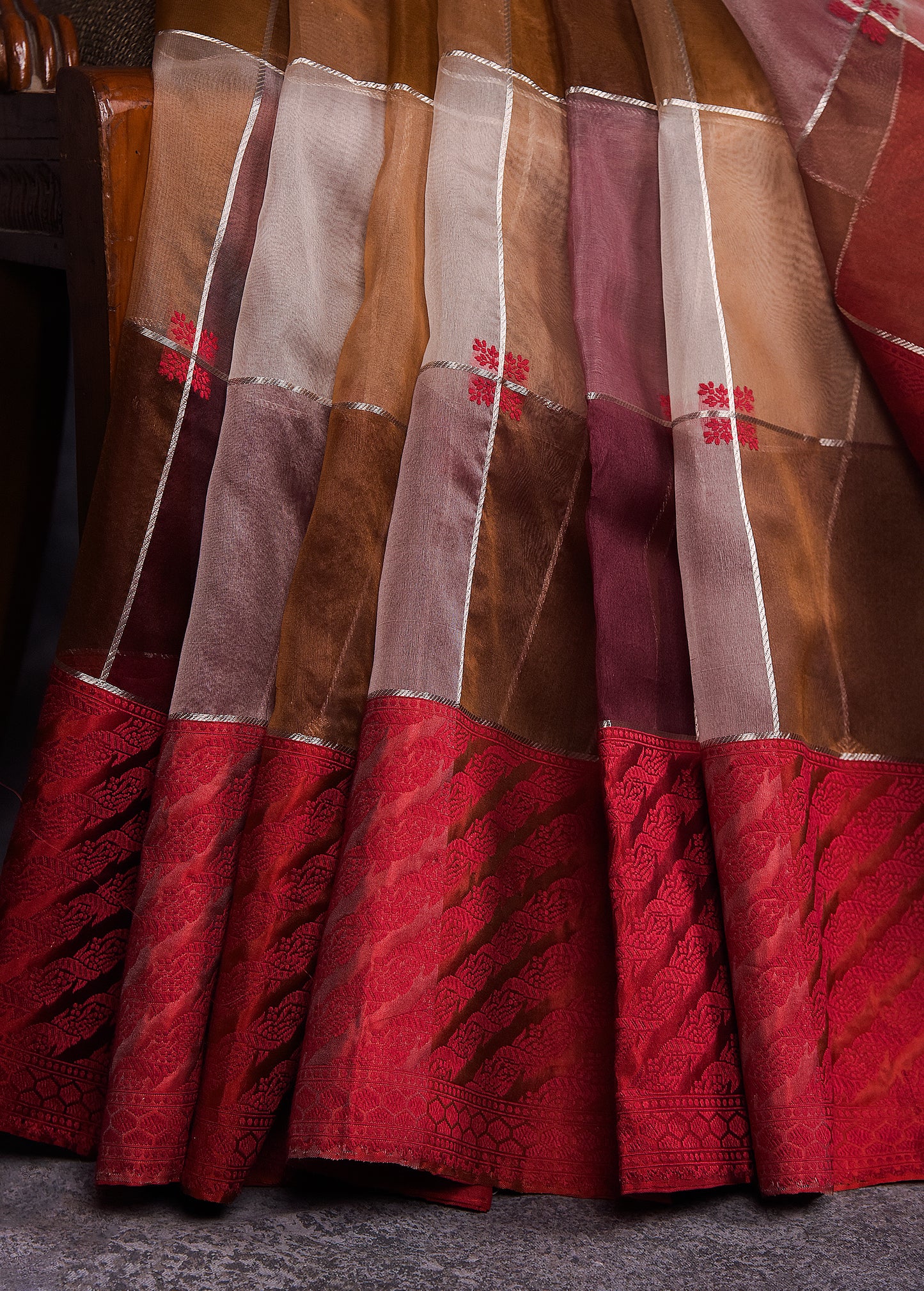 Shades of Taupe with Deep Red Pure Silk Kora Banarasi Saree