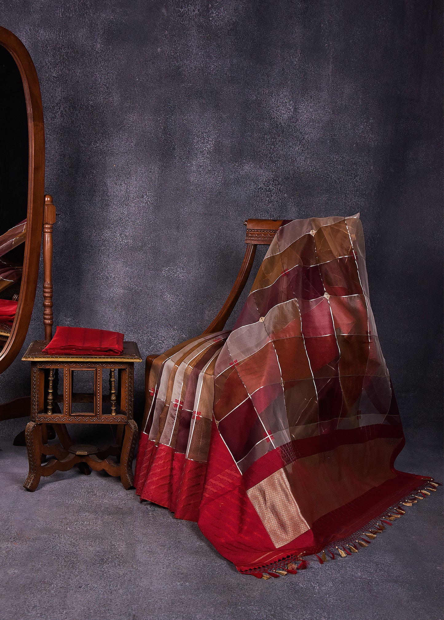 Shades of Taupe with Deep Red Pure Silk Kora Banarasi Saree