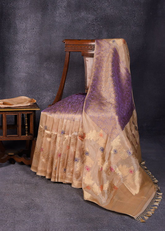 Gold with Lavender hue Pure Silk Kora Banarasi Saree