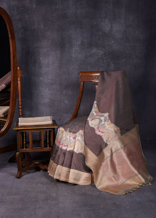 Betel Nut with Gold Pure Silk Kora Banarasi Saree