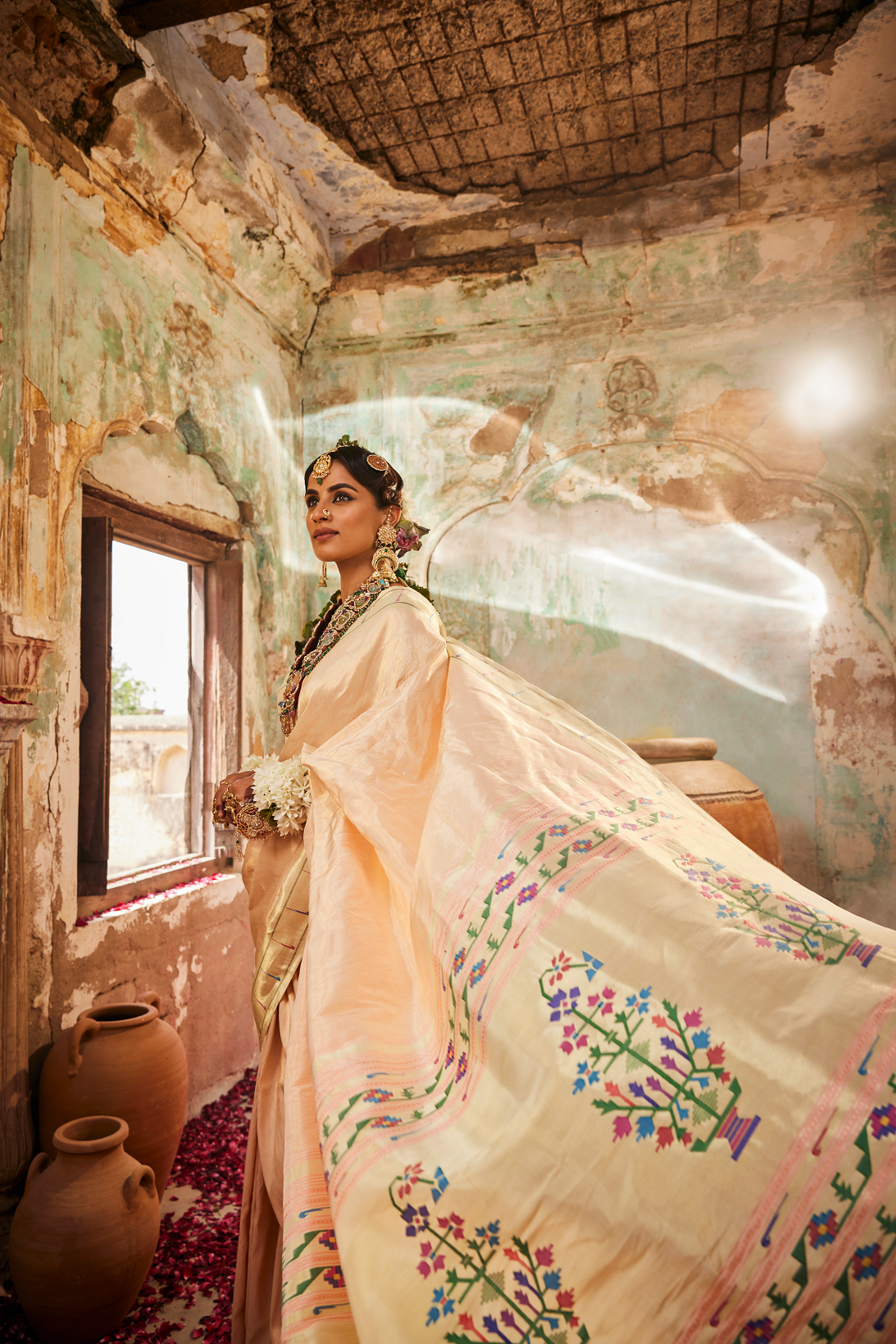 Peach Handmade Embroidered Saree